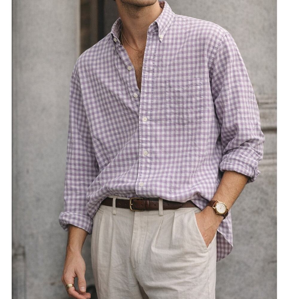 Vintage J.CREW Gingham Purple Button Down Shirt Cotton Mens Large Cottage Easter